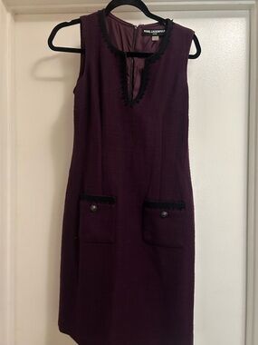 Karl Lagerfeld Plum Tweed Sleeveless Shift Dress with Black Trim
